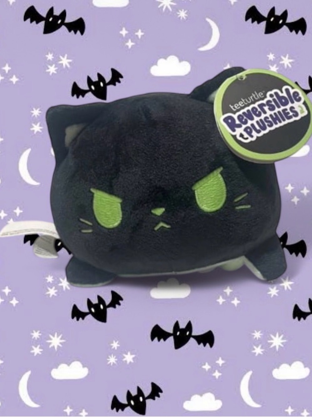 Teeturtle Reversible Plushies Black Cat Plush with Green Eyes